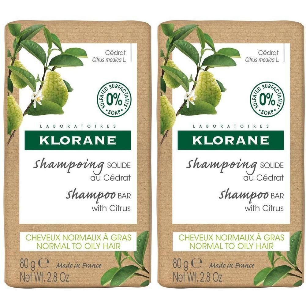Twee Klorane vaste shampoos met ceder voor normaal tot vet haar, elk 80g.