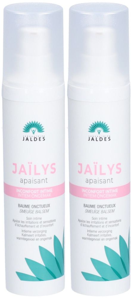 Deux flacons blancs avec bouchons. Inscription: JAÏLYS apaisant, Baume Onctueux. Soin intime.