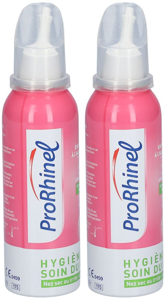 Twee roze flessen met witte spraykop. Opschrift: ProRhinel, Hygiène soin du nez. Voor droge of geïrriteerde neus.