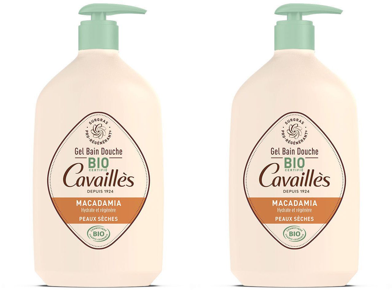 Twee flessen douchegel met pomp. Opschrift: Gel Bain Douche, BIO, Cavaillès, Macadamia, Peaux Seches. Groene pompkop.