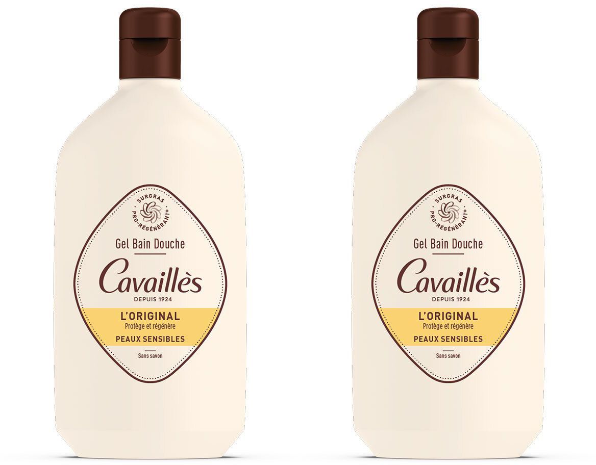 Twee flessen Rogé Cavaillès Gel Bain Douche L'Original. Beige flessen met bruine dop. Etiket met logo en tekst.