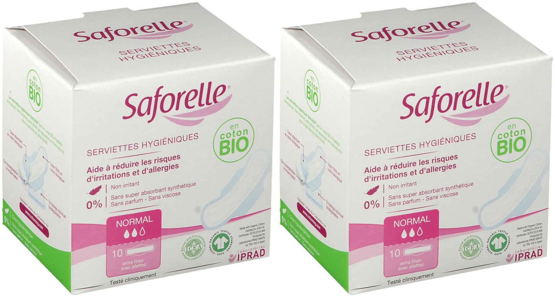 Twee dozen Saforelle maandverband. Wit met roze accenten. Opschrift: Serviettes Hygiéniques, coton BIO, Normal, 10 stuks.