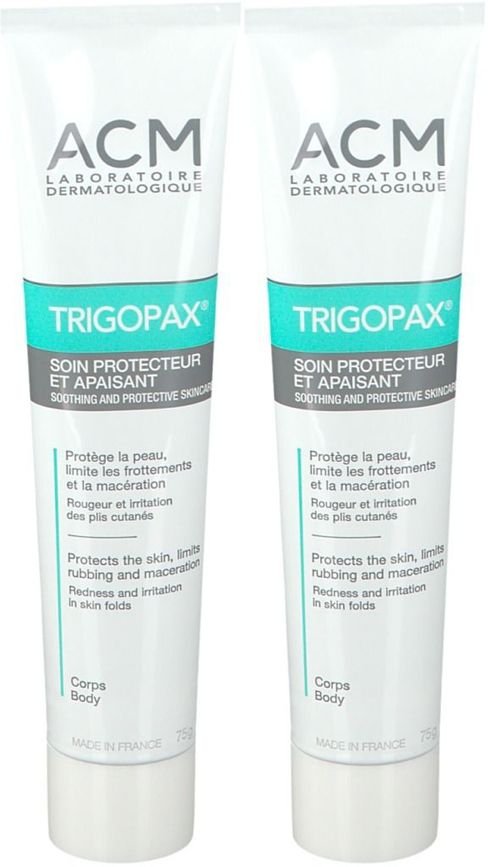 Deux tubes de Trigopax. Tubes blancs avec bandes vertes et grises. Texte : ACM, Trigopax, Soin Protecteur.