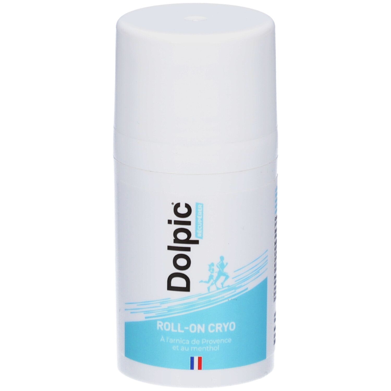 Flacon roll-on blanc avec texte bleu. Inscription: Dolpic, Roll-on Cryo. Illustration de deux personnes en mouvement.