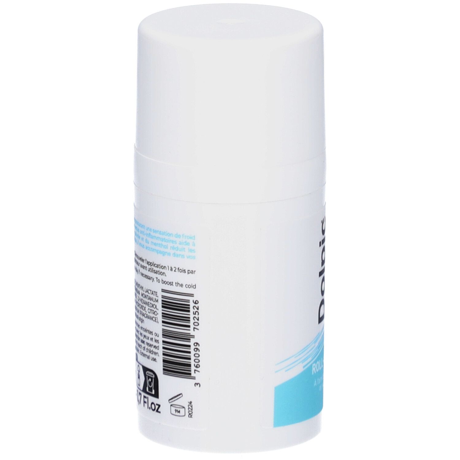 Flacon roll-on blanc. Texte et code-barres au dos. Inscription: 50ml - 1.7 Fl.oz.