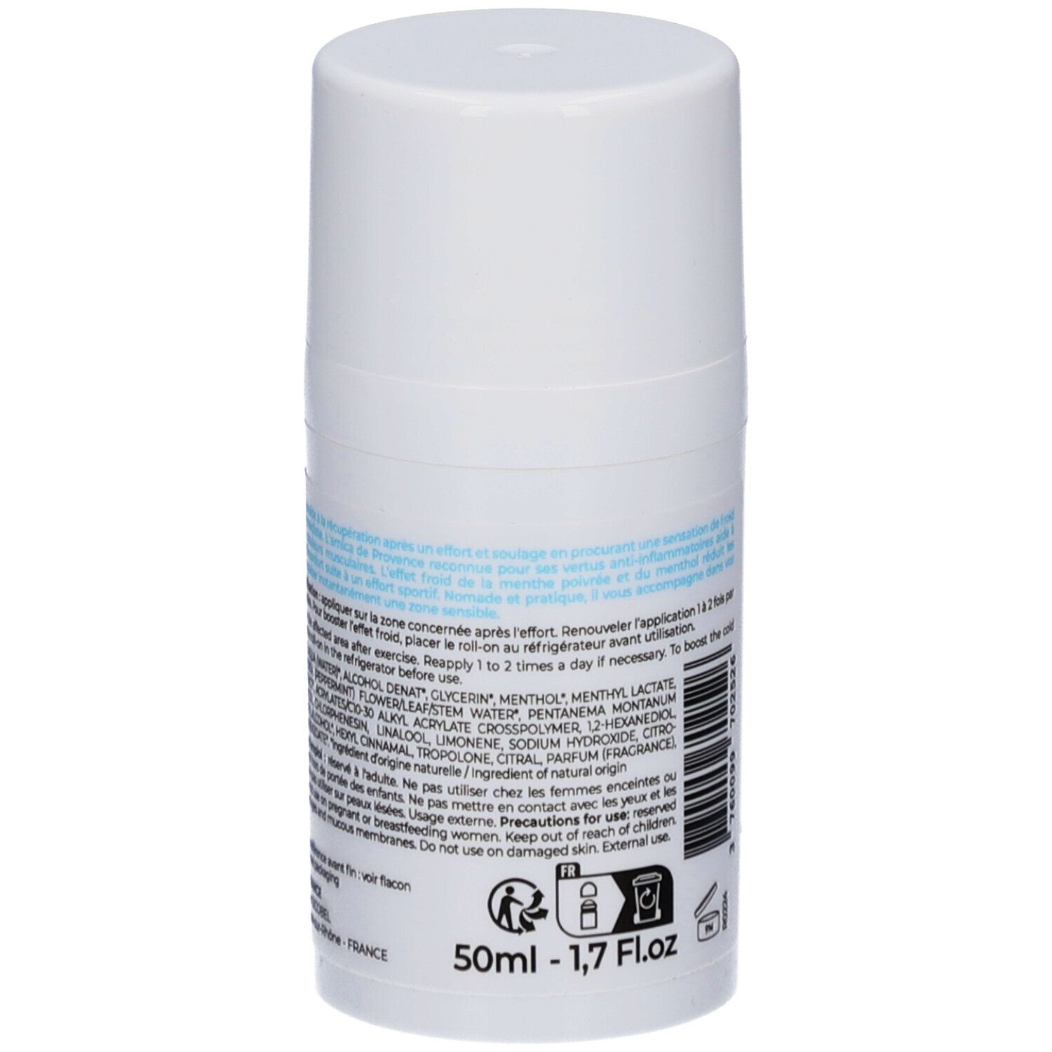 Flacon roll-on blanc avec texte au dos. Inscription: 50ml - 1.7 Fl.oz. Fabriqué en France.