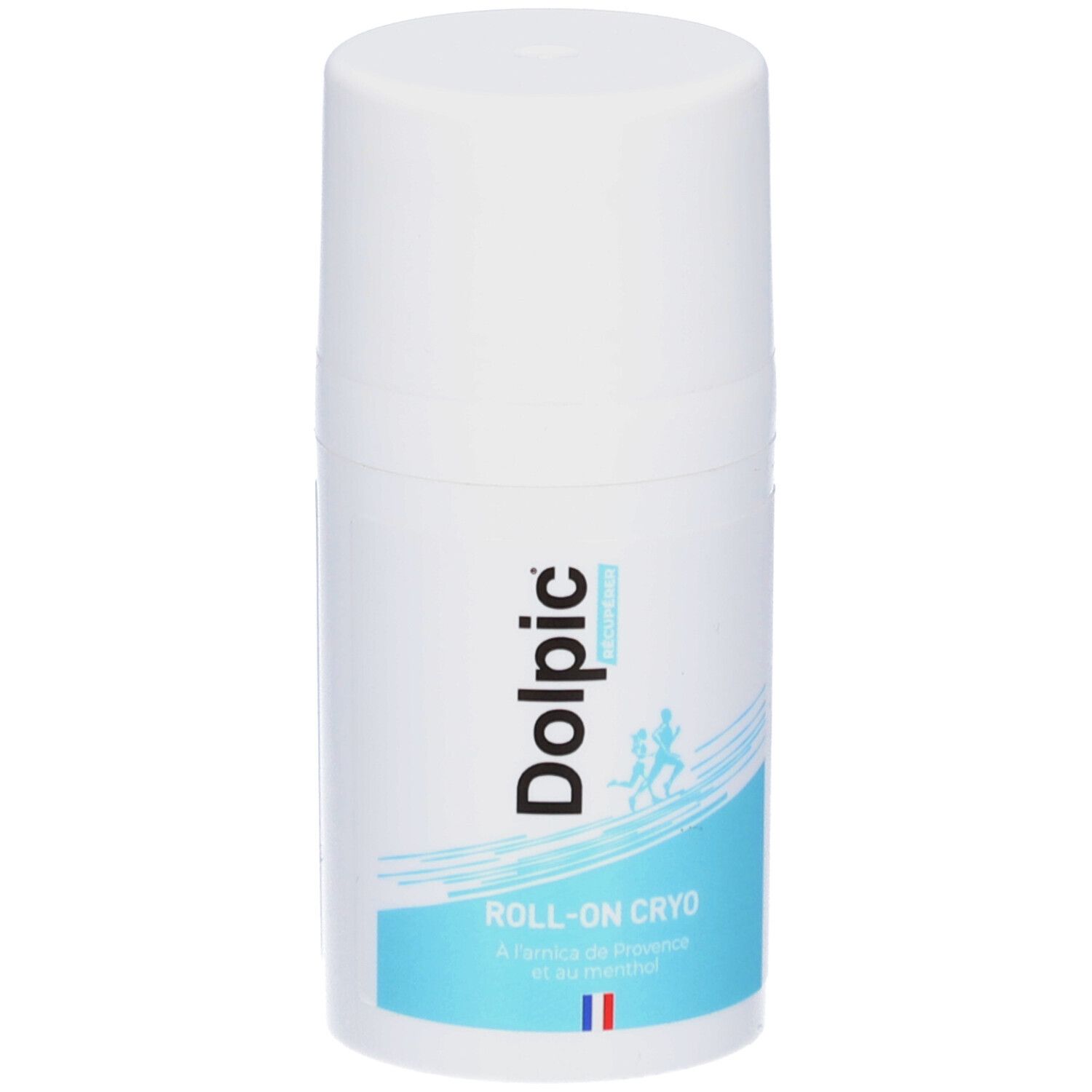 Flacon roll-on blanc avec texte bleu. Inscription: Dolpic, Roll-on Cryo. Drapeau français.