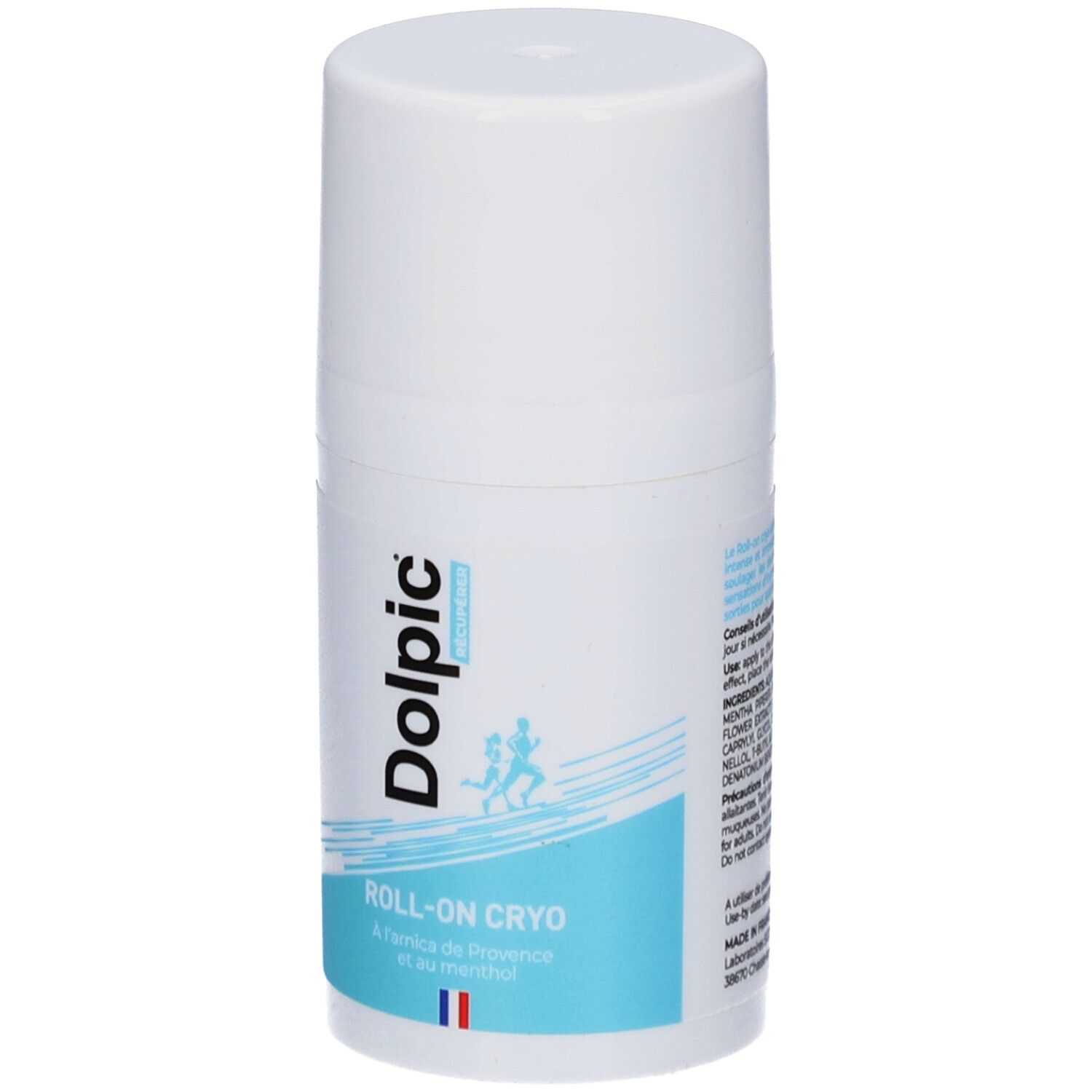 Flacon roll-on blanc avec texte bleu. Inscription: Dolpic, Roll-on Cryo. Drapeau français.