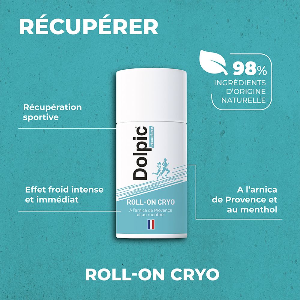 Roll-On Cryo met tekst en afbeeldingen. Tekst: 98% ingrediënten van natuurlijke oorsprong. Arnica en menthol.