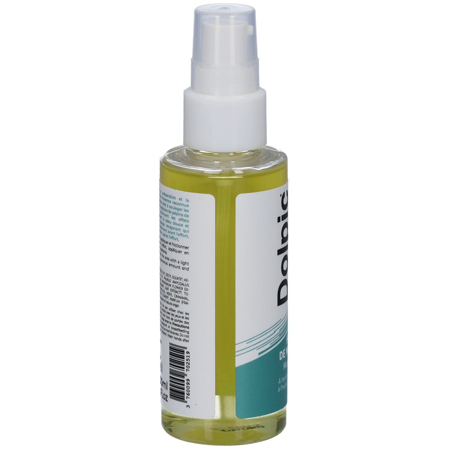 Dos du flacon avec texte. Inscription: Dolpic, Relaxer. Code-barres et autres informations.