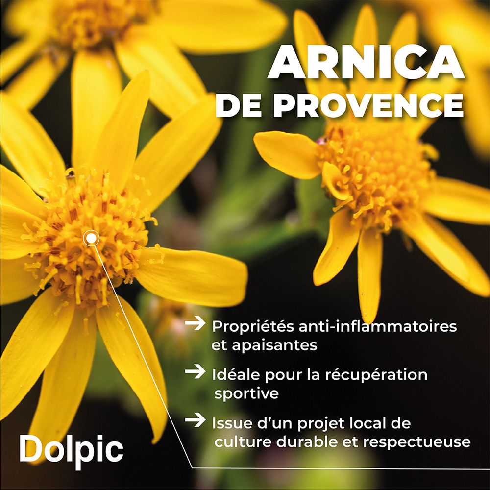 Gros plan sur des fleurs jaunes. Texte: "Arnica de Provence", "Propriétés anti-inflammatoires et apaisantes".
