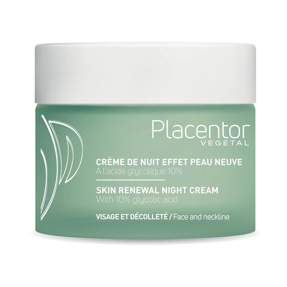 Groene pot met witte deksel. Opschrift: PLACENTOR VEGETAL, CRÈME DE NUIT EFFET PEAU NEUVE, SKIN RENEWAL NIGHT CREAM, VISAGE ET DÉCOLLETÉ.