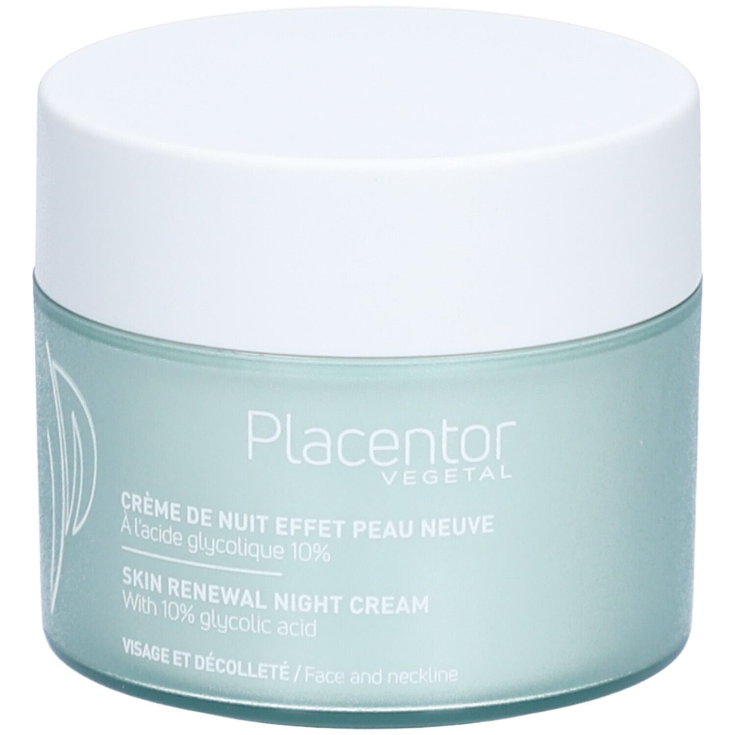 Pot avec couvercle blanc. Inscriptions: PLACENTOR VEGETAL, Crème de nuit effet peau neuve, Skin Renewal Night Cream. Couleur vert clair.