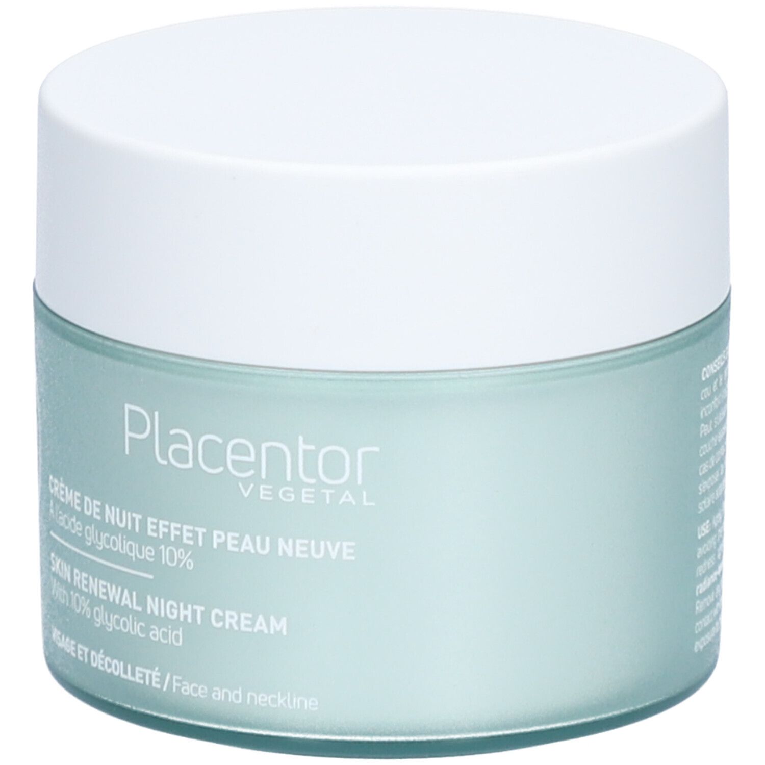 Pot avec couvercle blanc. Inscriptions: PLACENTOR VEGETAL, Crème de nuit effet peau neuve, Skin Renewal Night Cream. Couleur vert clair.