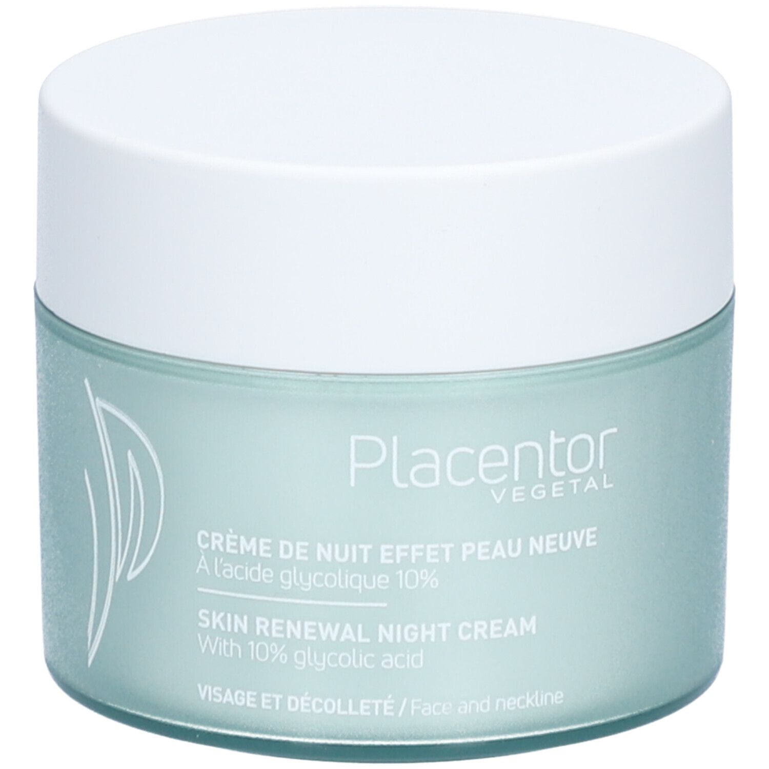 Pot avec couvercle blanc. Inscriptions: PLACENTOR VEGETAL, Crème de nuit effet peau neuve, Skin Renewal Night Cream. Couleur vert clair.