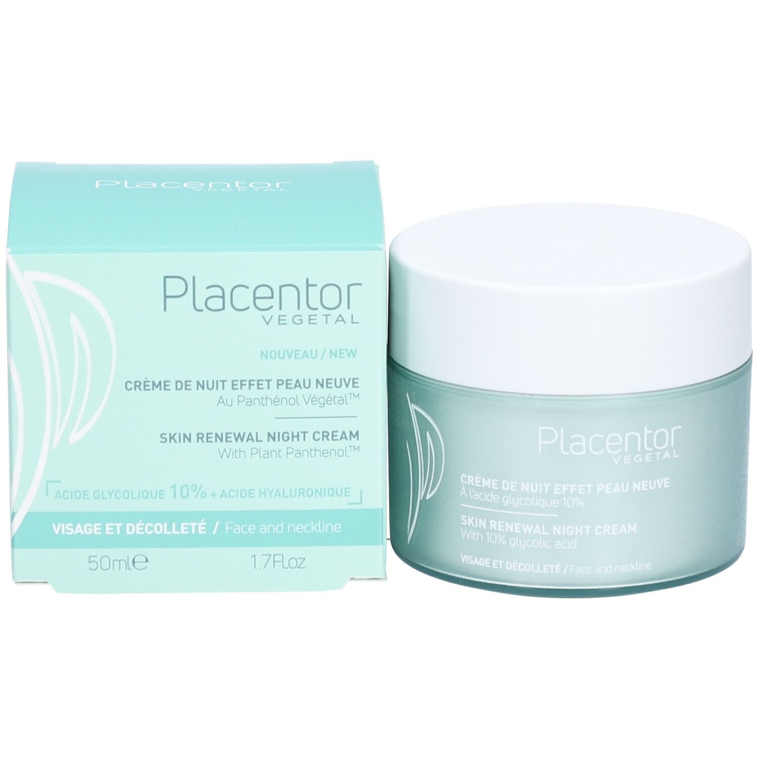 Emballage et pot du produit. Inscriptions: PLACENTOR VEGETAL, Crème de nuit effet peau neuve, Skin Renewal Night Cream. Couleur vert clair.