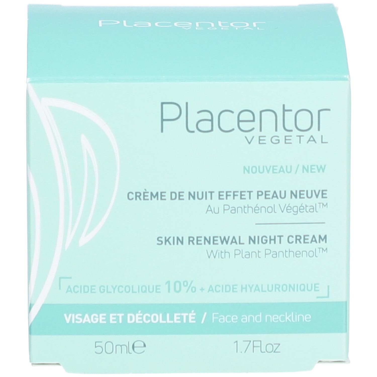 Emballage du produit. Inscriptions: PLACENTOR VEGETAL, Crème de nuit effet peau neuve, Skin Renewal Night Cream. Couleur vert clair.