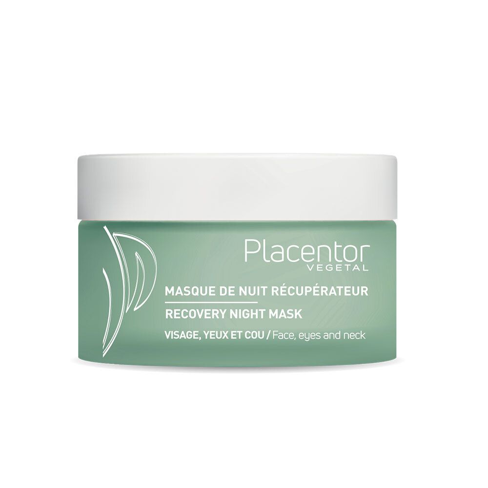 Groene crème pot met witte deksel. Opschrift: Placentor Vegetal, Masque de Nuit Récupérateur, Recovery Night Mask. Voor gezicht, ogen en hals.