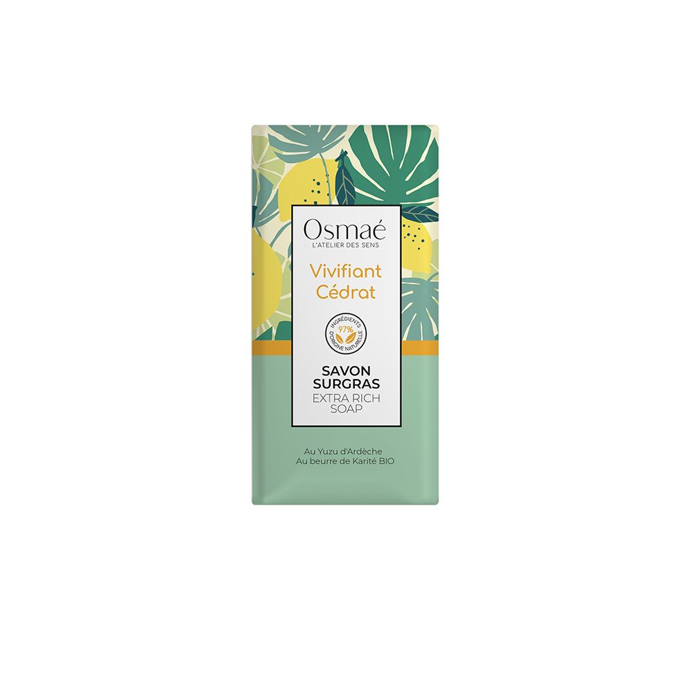 Savon OSMAE Vivifiant Cédrat, emballage floral vert et blanc. Nom du produit et logo visibles.