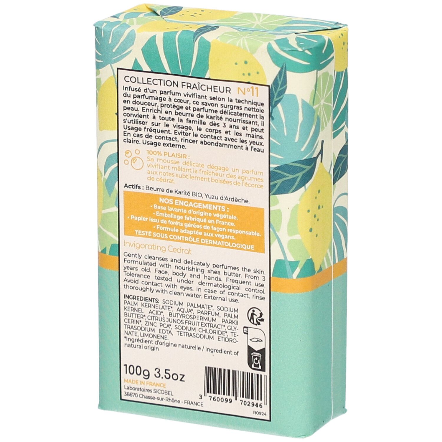 Achterkant van de zeepverpakking. Tekst: ingrediënten, 100g, 3.5oz. Merk Osmaé. Productnaam: Vivifiant Cédrat. Tekst: Collection Fraîcheur.