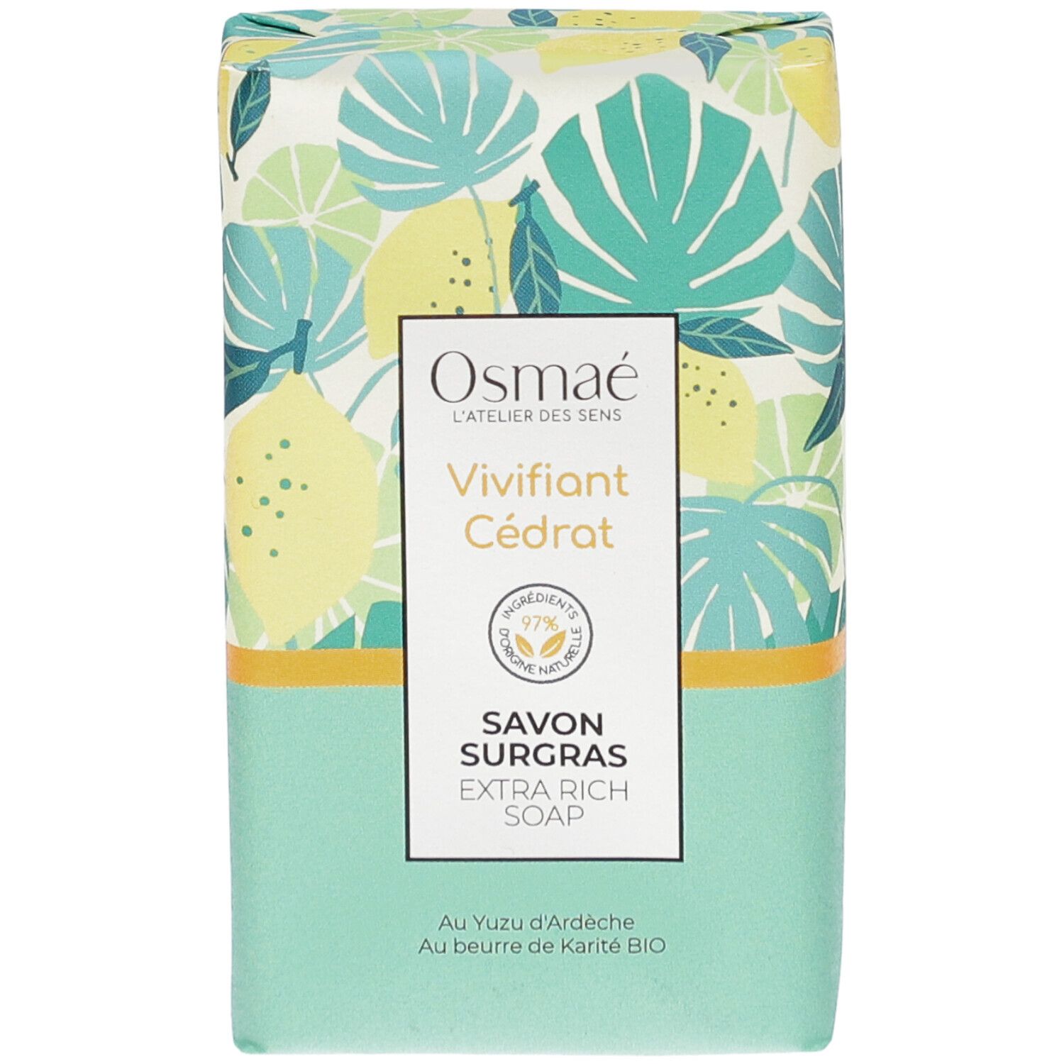 Rechthoekige zeepverpakking met bloemmotief. Merk: Osmaé. Productnaam: Vivifiant Cédrat. Tekst: Savon Surgras, Extra Rich Soap.