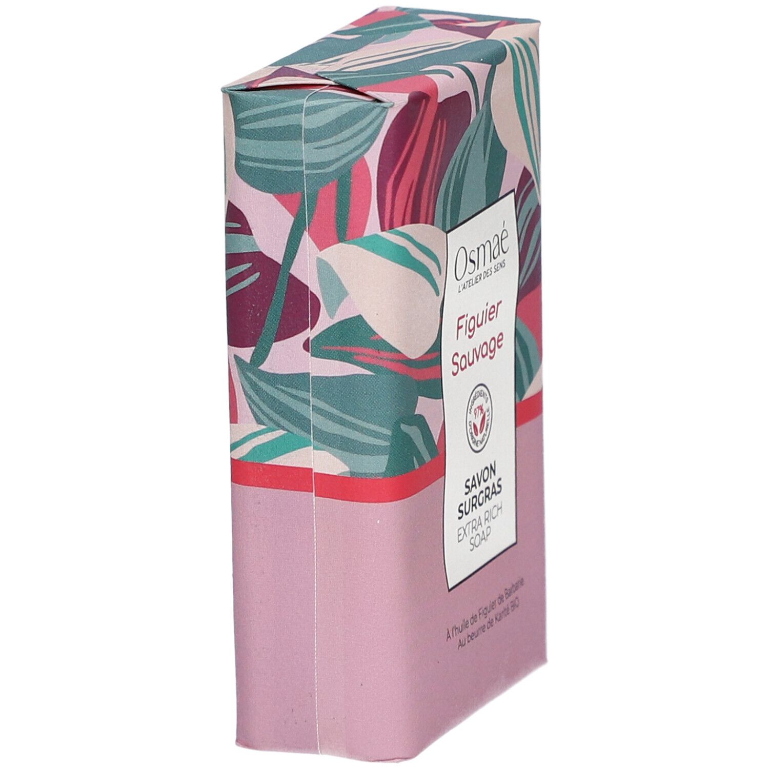Emballage en biais avec motif floral. Inscriptions: Osmaé, Figuier Sauvage, Savon Surgras, Extra Rich Soap.