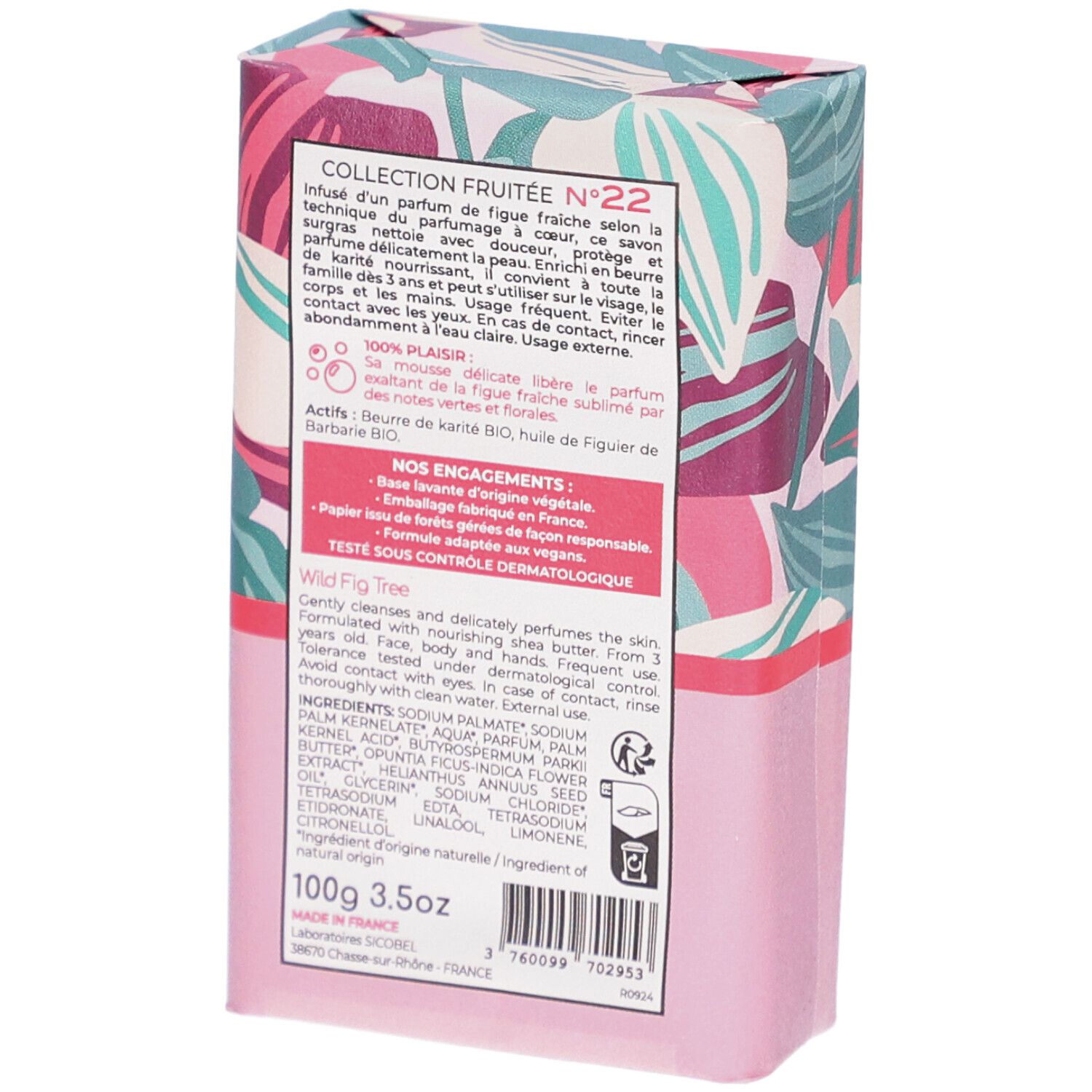 Emballage avec motif floral. Verso avec texte et ingrédients. Inscriptions: 100g 3.5oz. Label végan.