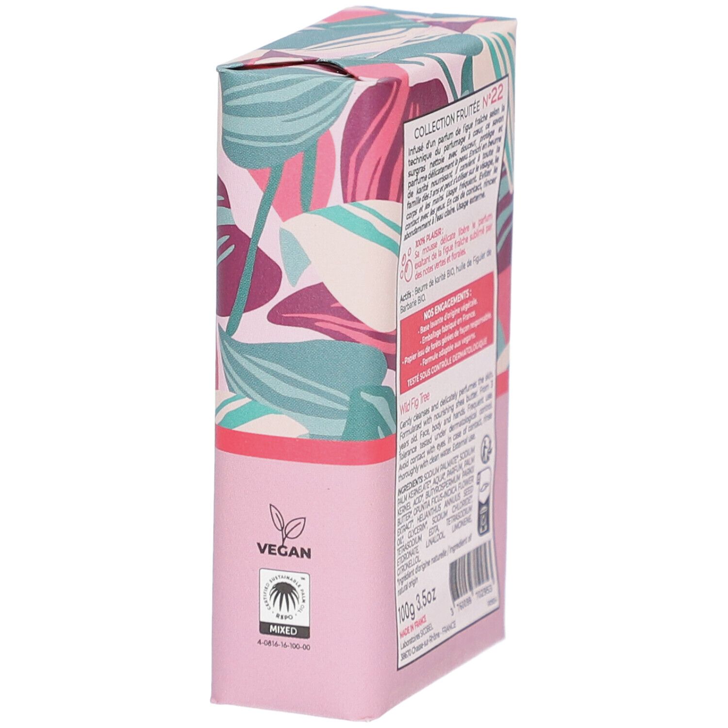 Emballage en biais avec motif floral. Verso avec texte et ingrédients. Label végan.