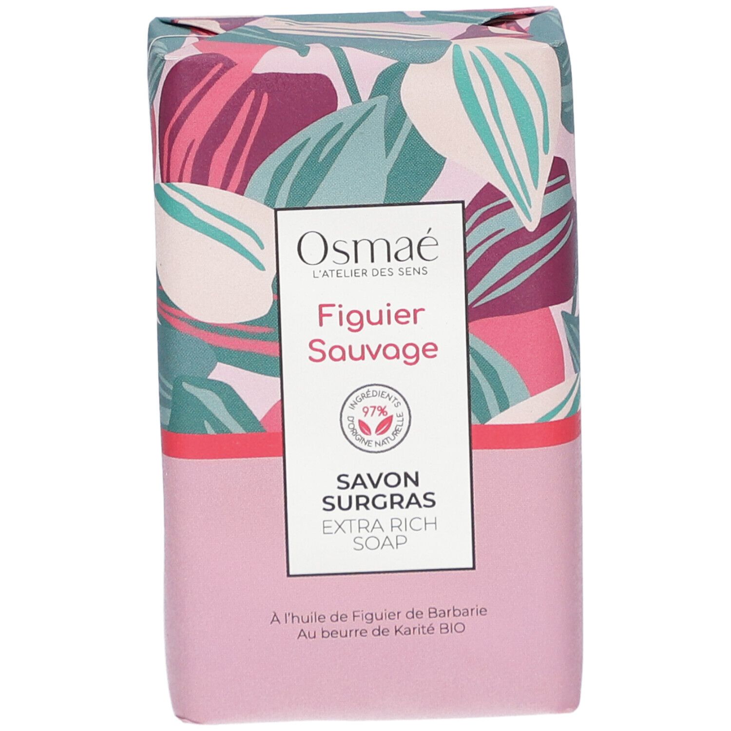 Emballage avec motif floral. Inscriptions: Osmaé, Figuier Sauvage, Savon Surgras, Extra Rich Soap. Label végan.