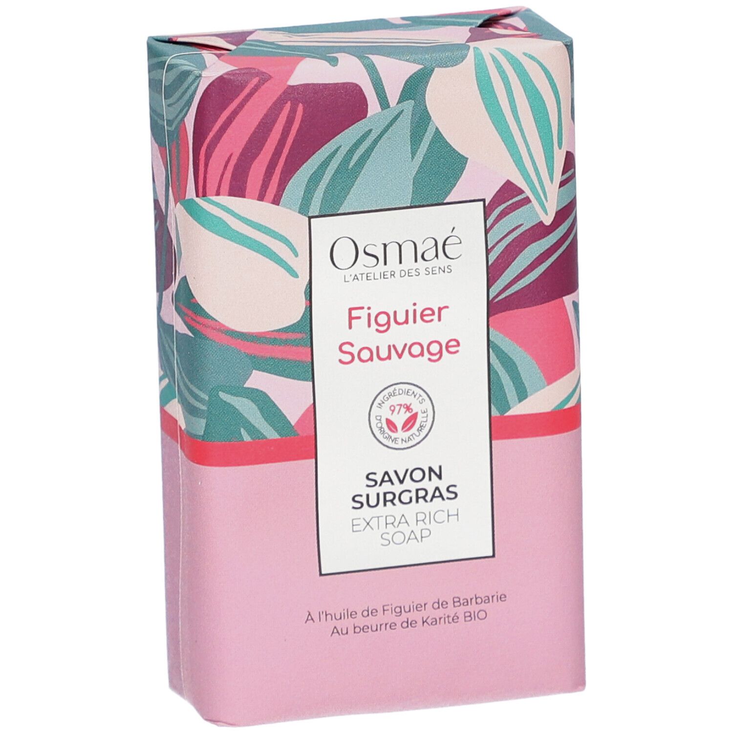 Emballage avec motif floral. Inscriptions: Osmaé, Figuier Sauvage, Savon Surgras, Extra Rich Soap. Label végan.