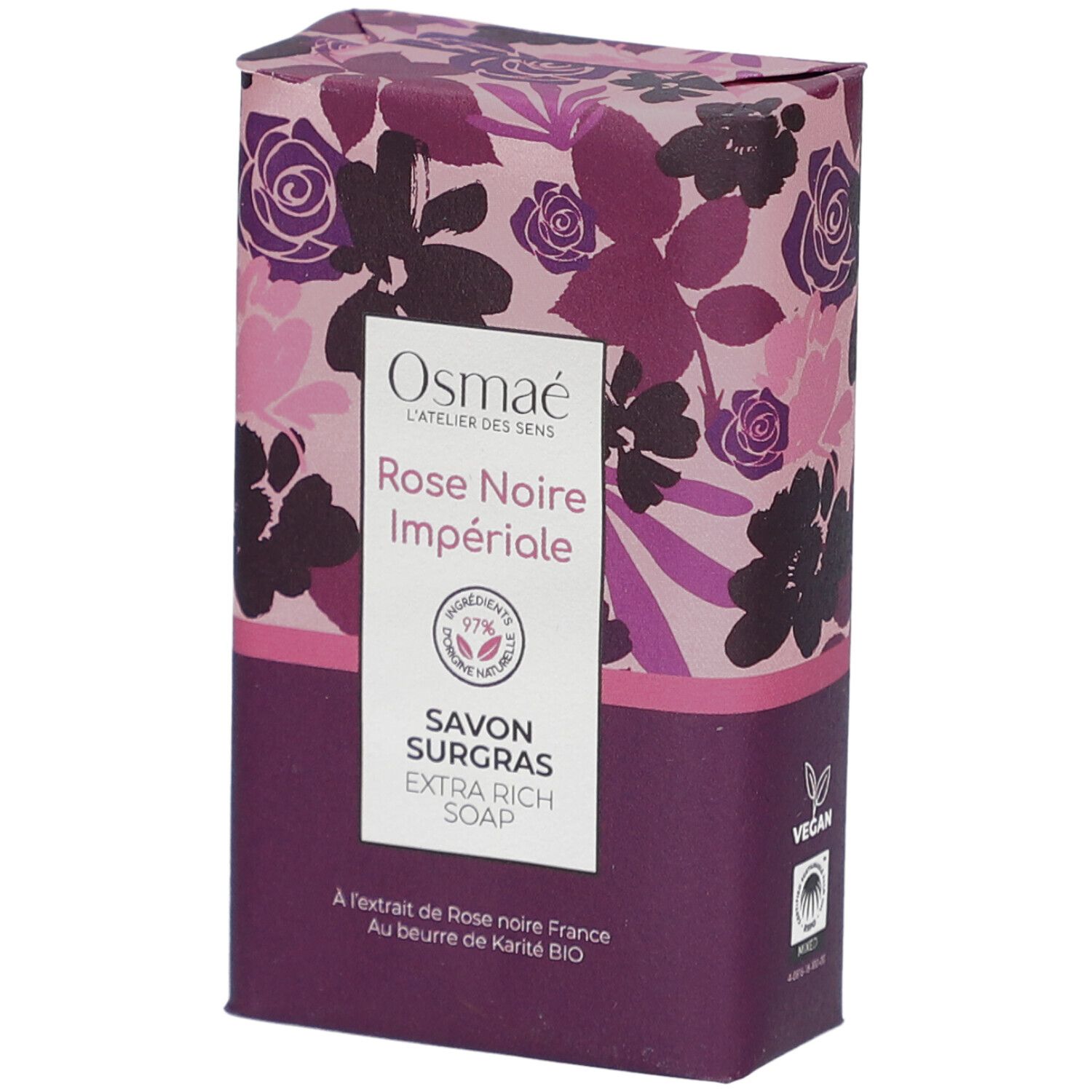 Verpakking met bloemmotief. Opschrift: Rose Noire Impériale, Savon Surgras. Vegan-zegel.