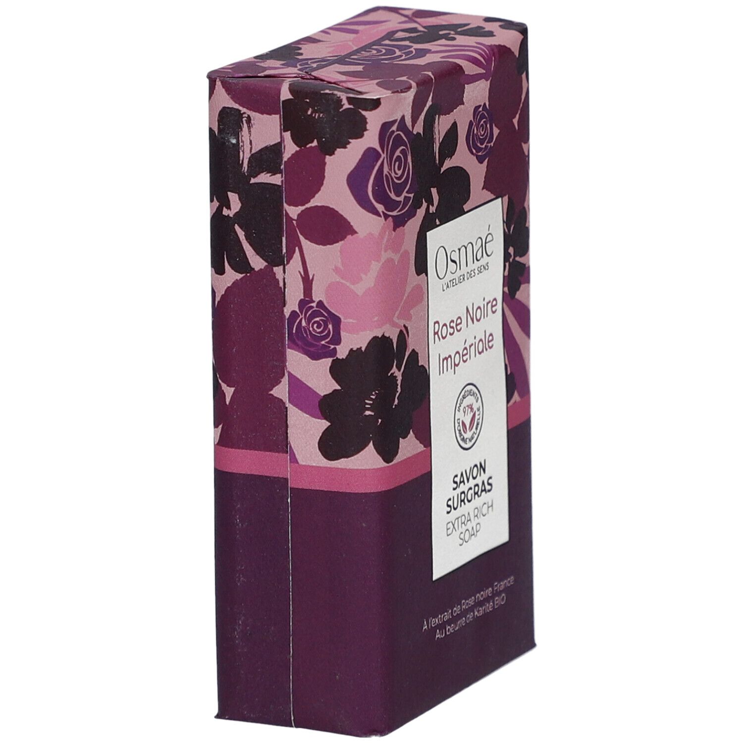 Verpakking met bloemmotief. Opschrift: Rose Noire Impériale, Savon Surgras. Vegan-zegel.