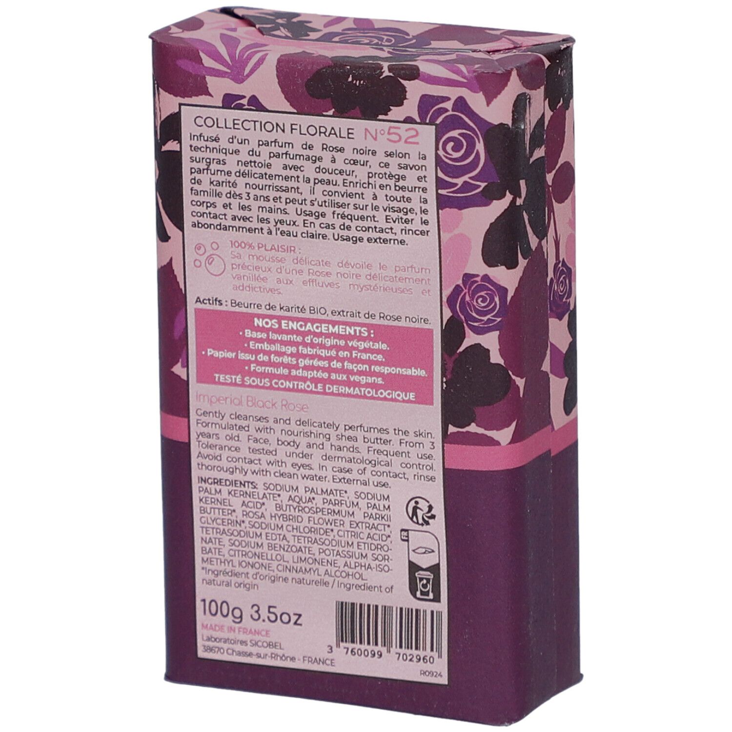 Verpakking met bloemmotief. Ingrediënten, 100g 3.5oz. Tekst en logo's op de achterkant.