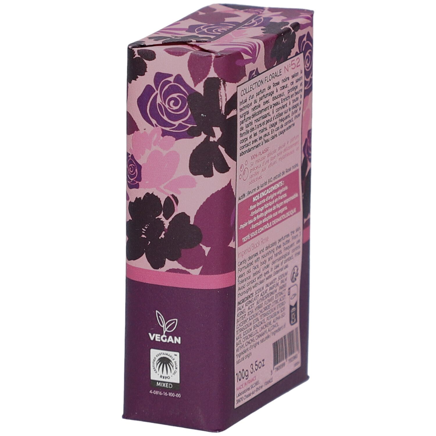Verpakking met bloemmotief. Opschrift: Vegan. Tekst en logo's op de achterkant.