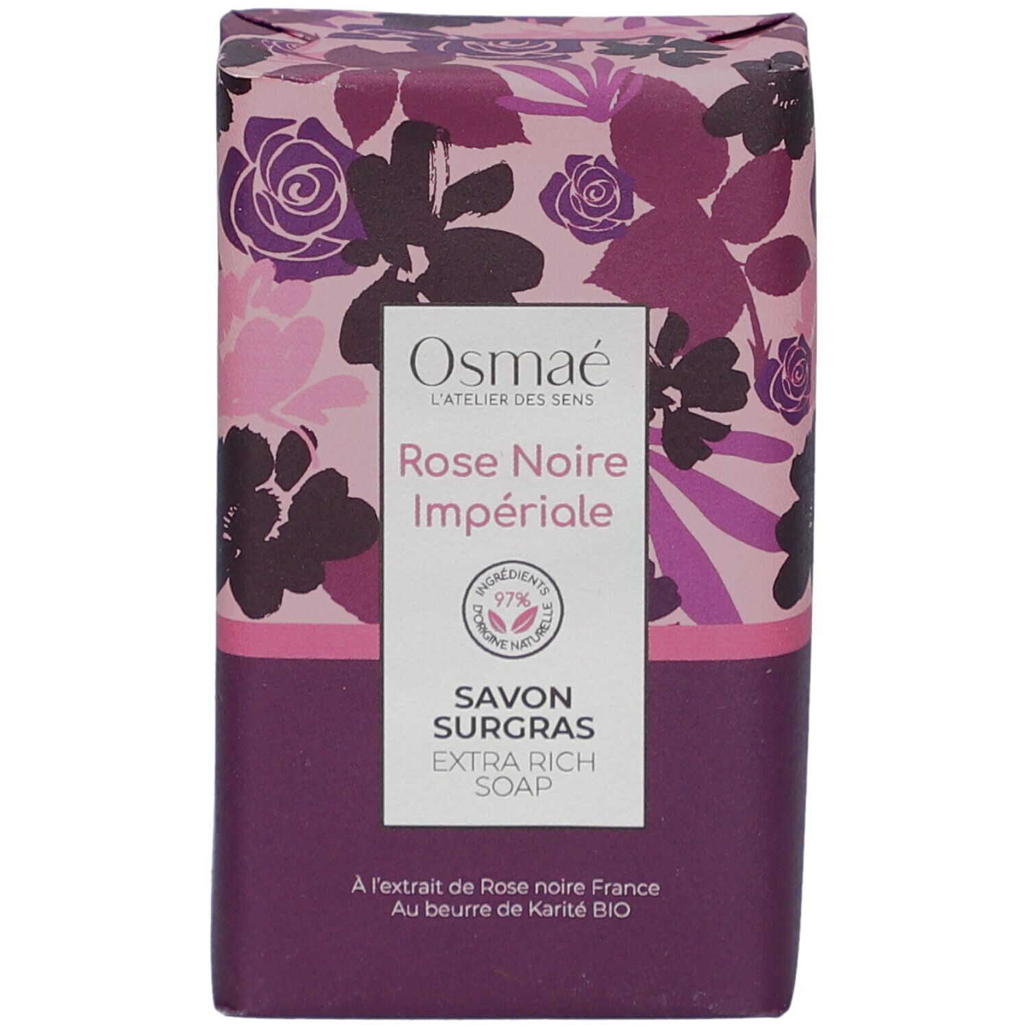 Verpakking met bloemmotief. Opschrift: Rose Noire Impériale, Savon Surgras. Vegan-zegel.