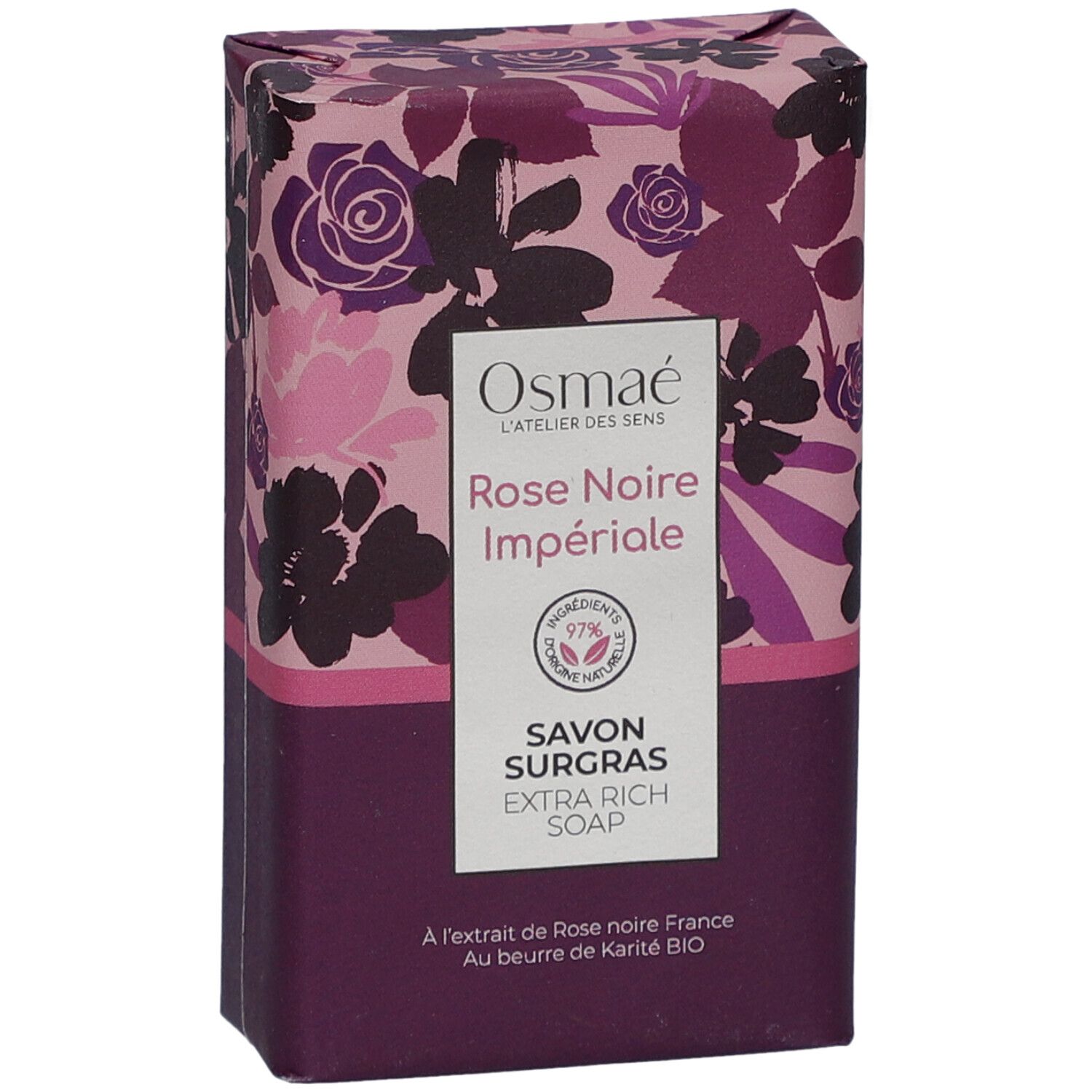 Verpakking met bloemmotief. Opschrift: Rose Noire Impériale, Savon Surgras. Vegan-zegel.