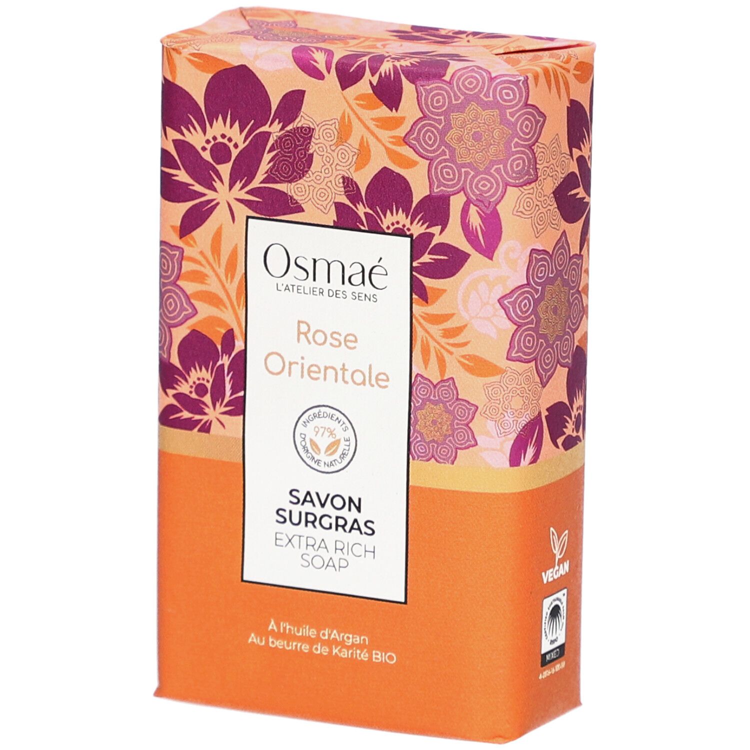 Emballage floral. Inscription: Rose Orientale, Savon Surgras. Label Vegan.