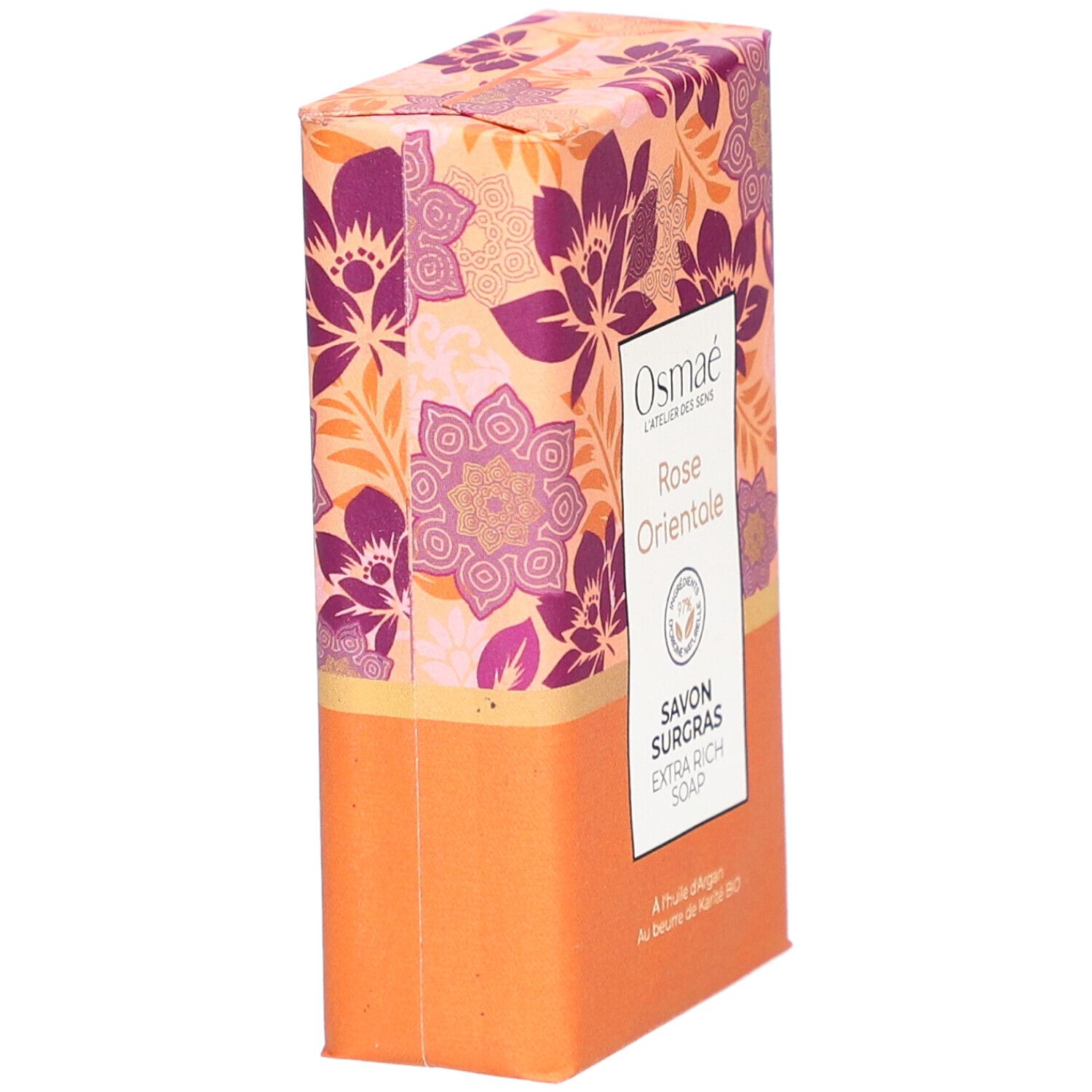 Emballage floral. Inscription: Rose Orientale, Savon Surgras. Label Vegan.