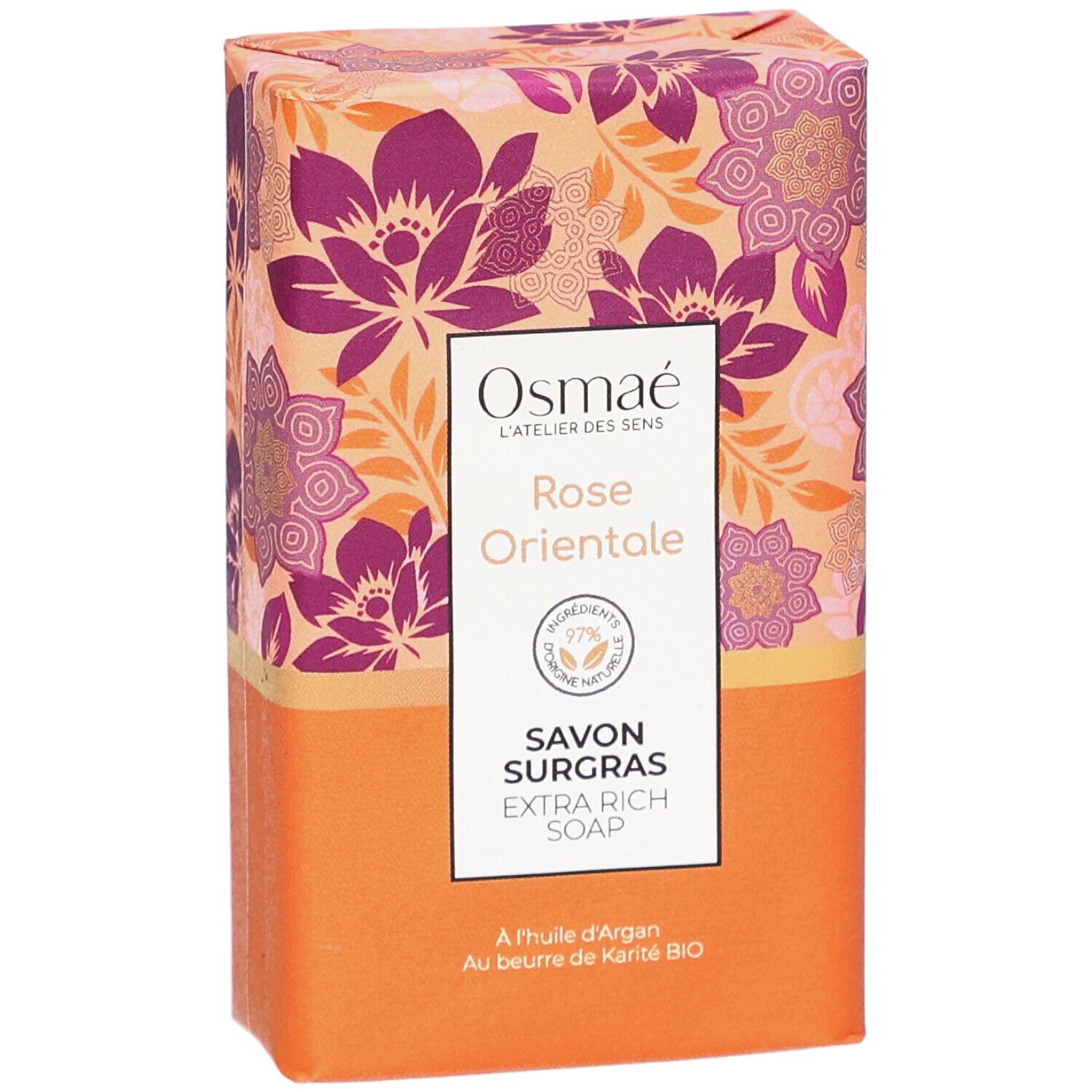 Emballage floral. Inscription: Rose Orientale, Savon Surgras. Label Vegan.