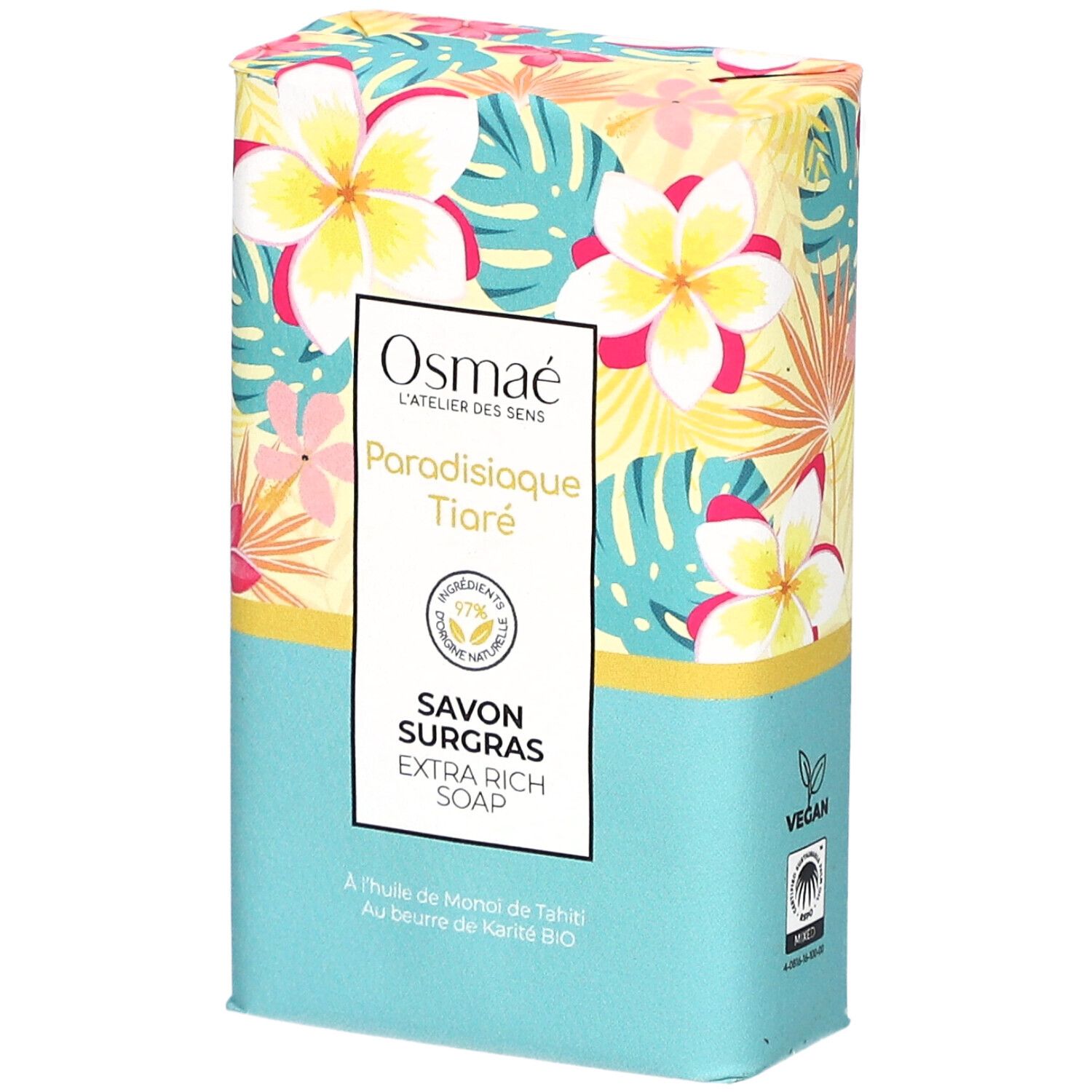 Emballage floral. Inscriptions: Osmaé, Paradisiaque Tiaré, Savon Surgras. Label Vegan.