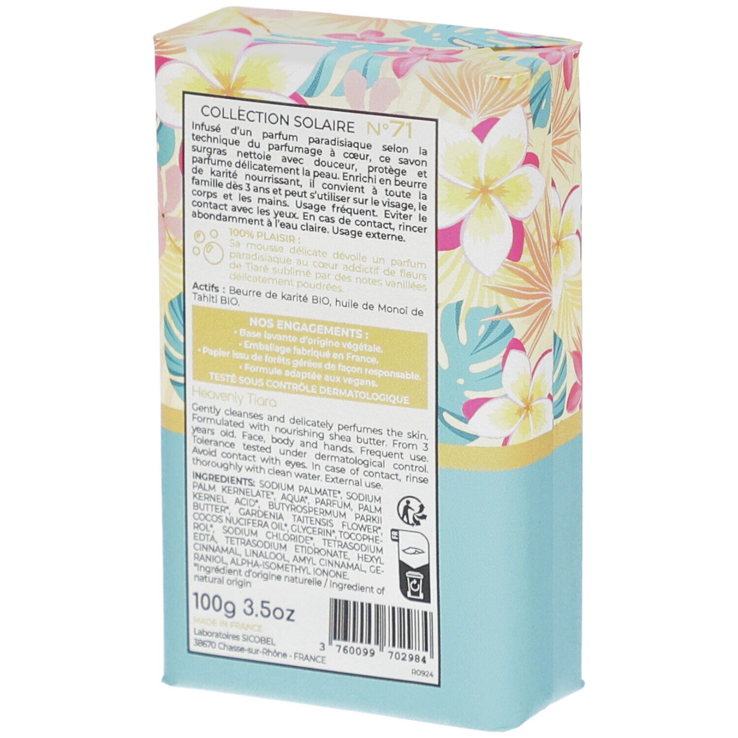 Emballage floral. Texte: ingrédients, 100g, label Vegan. Texte au dos.