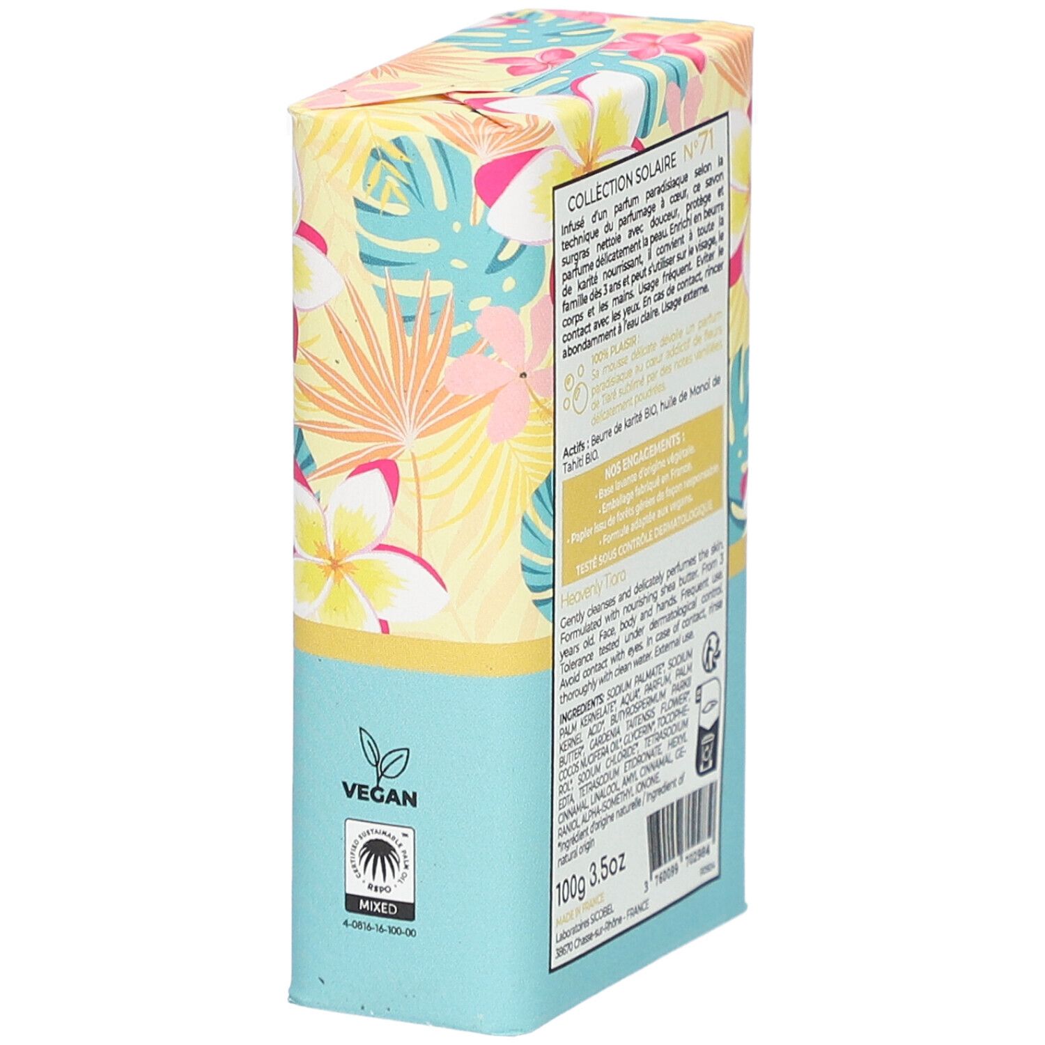 Emballage floral. Texte: ingrédients, 100g, label Vegan. Texte au dos.