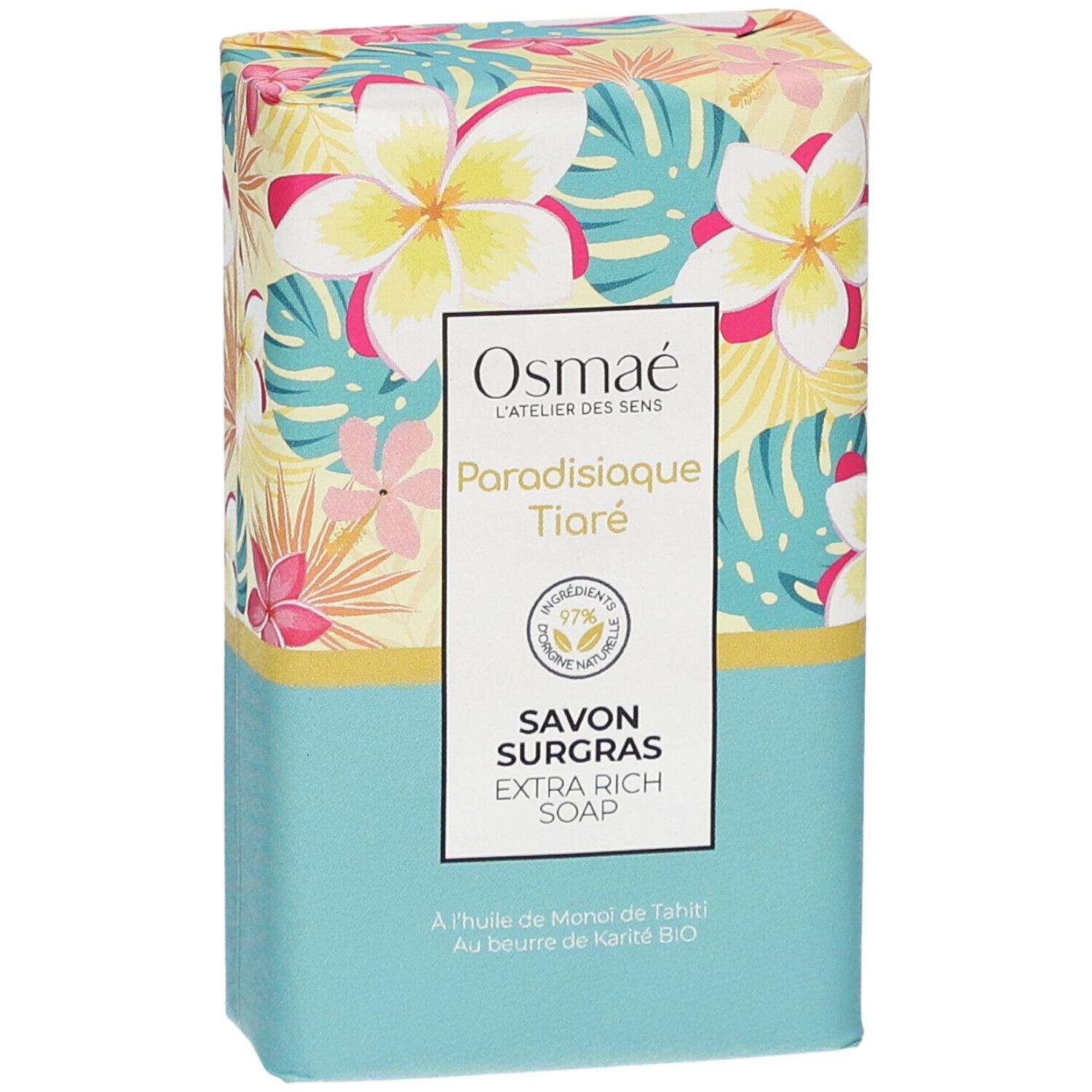 Emballage floral. Inscriptions: Osmaé, Paradisiaque Tiaré, Savon Surgras. Label Vegan.