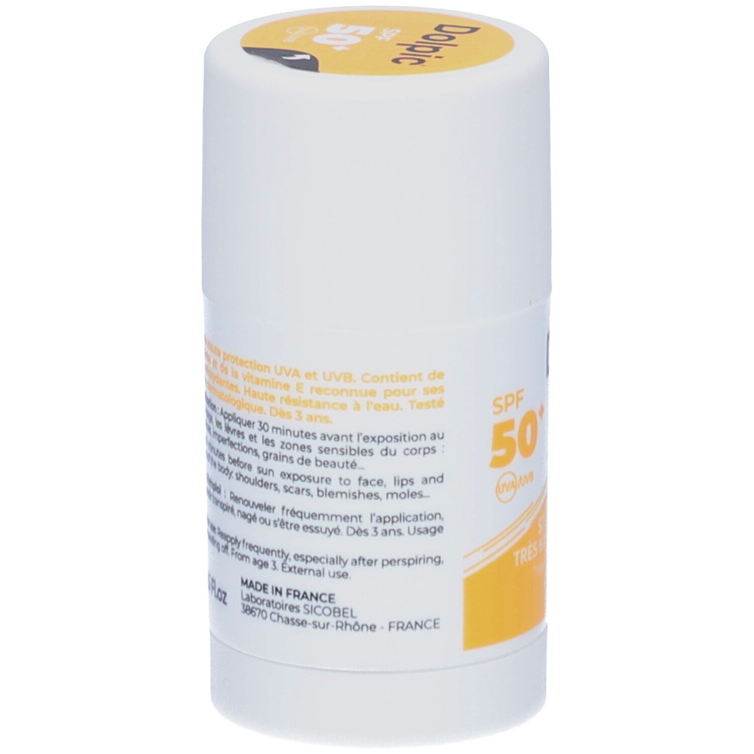 Witte stick met tekst. Opschrift: SPF 50+. Tekst over UVA/UVB-bescherming, vitamine E, gebruik, houdbaarheid, ingrediënten.