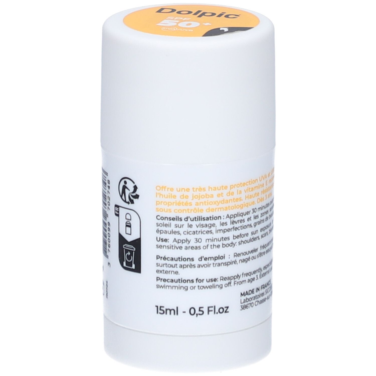 Witte stick met tekst en symbolen. Opschrift: SPF 50+. Tekst over gebruik, voorzorgsmaatregelen, ingrediënten, volume.