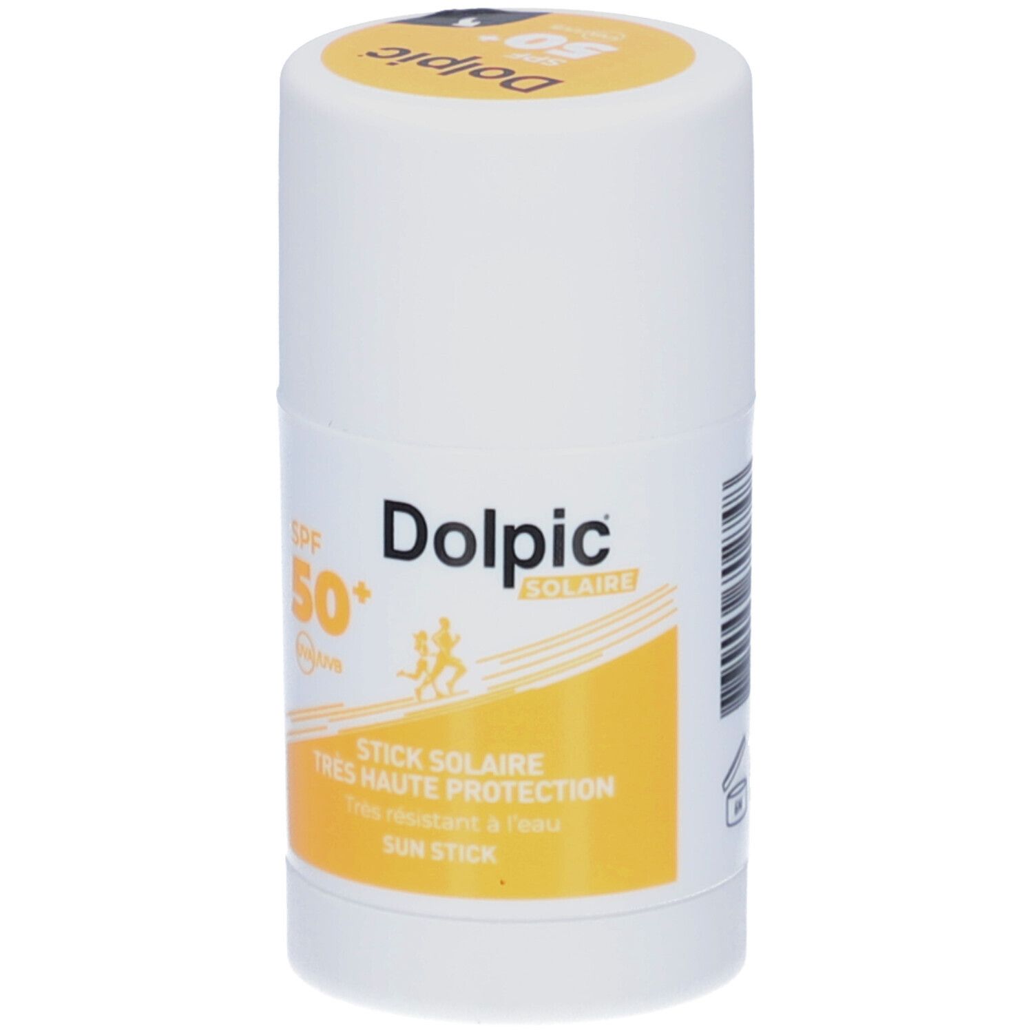 Witte zonnestick met gele accenten. Opschrift: Dolpic Solaire, SPF 50+, Sun Stick. Twee rennende figuren.