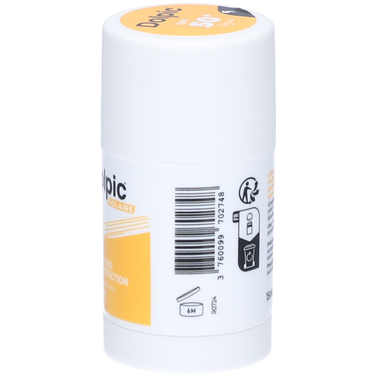 Witte stick met gele accenten. Opschrift: Dolpic Solaire, SPF 50+. Barcode en symbolen. Volume: 15ml.