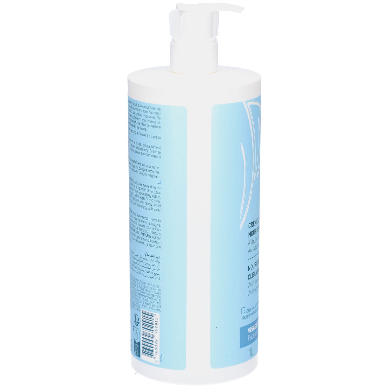 Achterkant van de fles PLACENTOR CR LAVANTE 1L. Lichtblauwe en witte verpakking. Meertalige tekst. Ingrediënten en informatie.