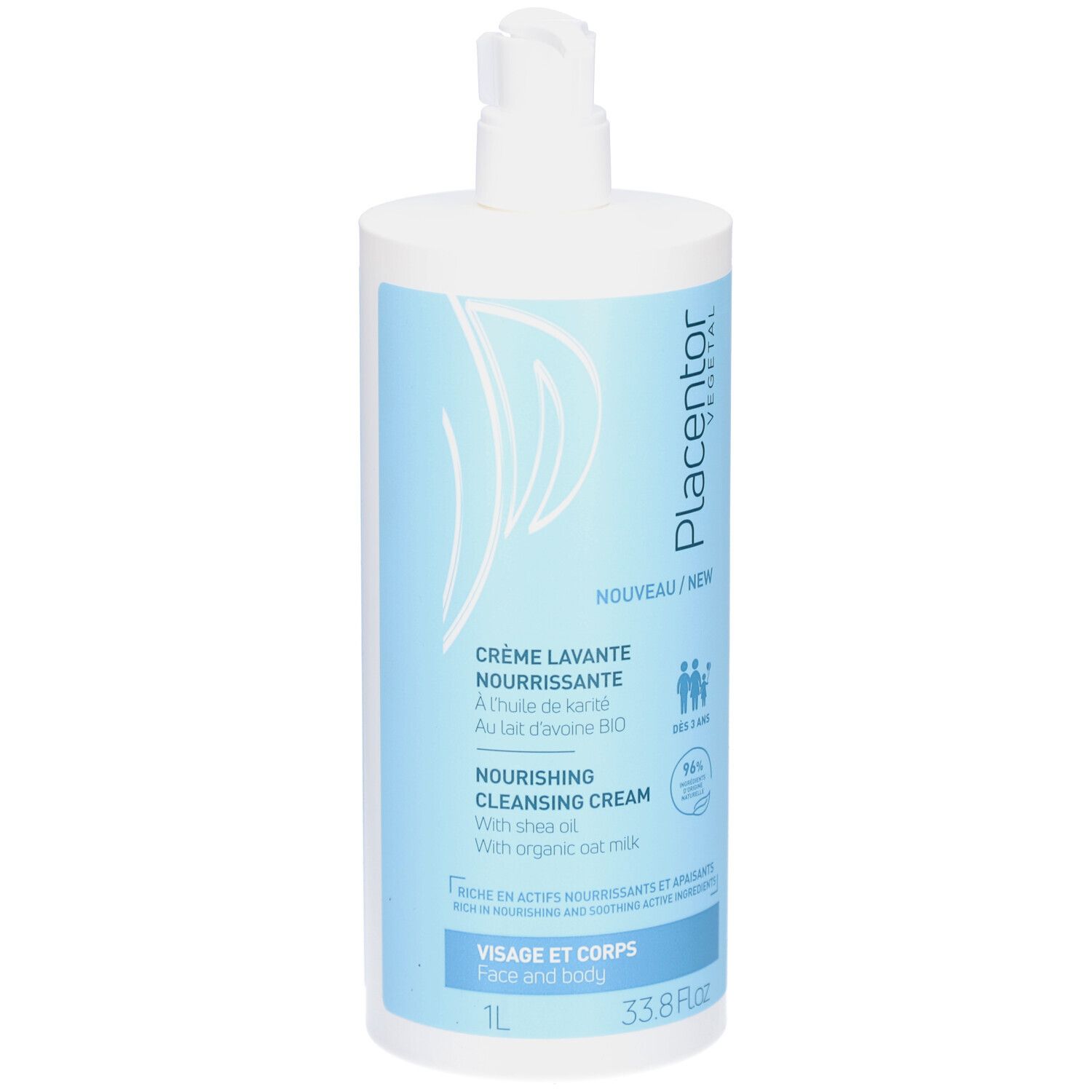 Fles PLACENTOR CR LAVANTE 1L met pomp. Lichtblauwe en witte verpakking. Tekst: Crème Lavante Nourrissante, 1L, 33.8 Fl.oz.