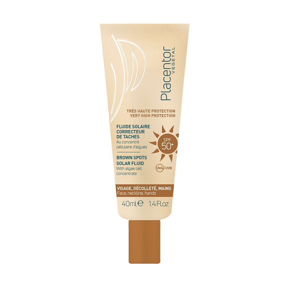 Beige tube met bruine dop. Tekst: Fluide Solaire Correcteur de Tâches SPF50+. Merk: Placentor Végétal. 40ml.